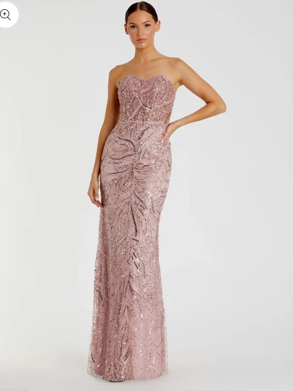 Mac Duggal Pink Beaded Sequin Strapless Trumpet Gown in blush embellished